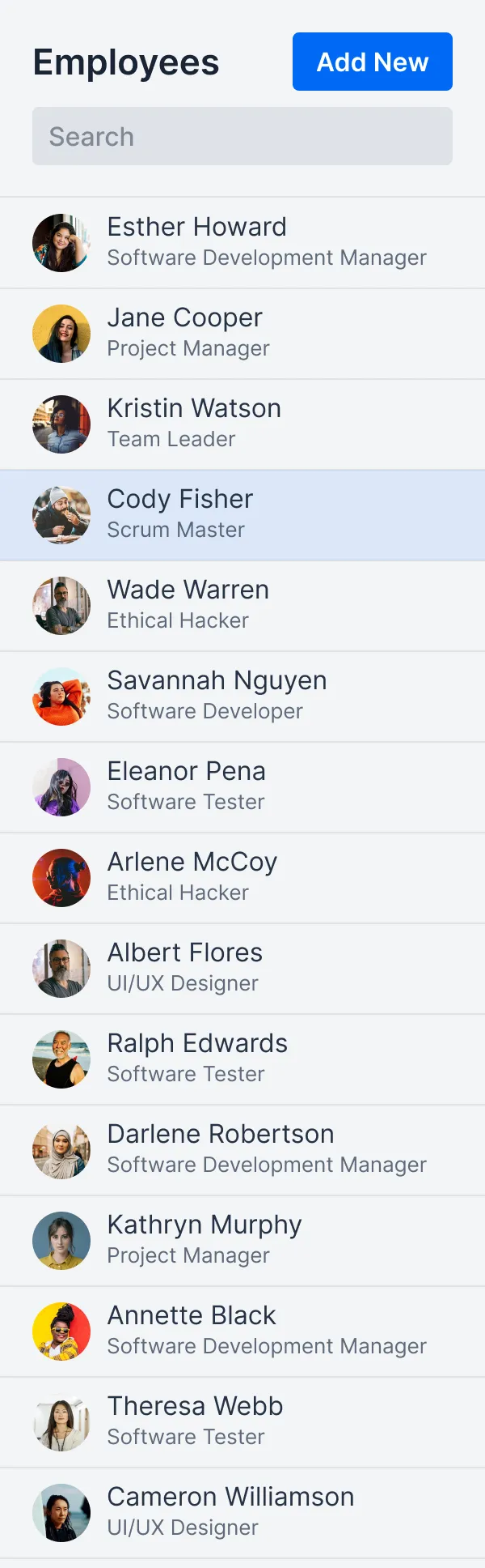 A mock-up of a list of employees